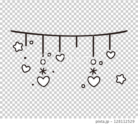 Scattered hearts hanging down line decoration / cute curtain-like design material line drawing illustration 128112529