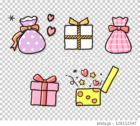 プレゼント5点セットのイラスト素材/カラフルでかわいいギフトボックス プレゼント5点セットのイラスト素材/カラフルでかわいいギフトボックス 128112547