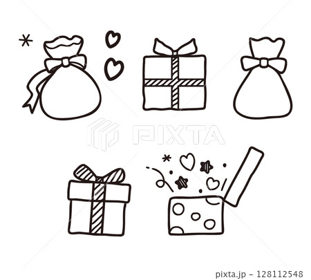 ギフトボックス5点セットイラスト/誕生日やクリスマス用お祝い向け線画イラスト 128112548