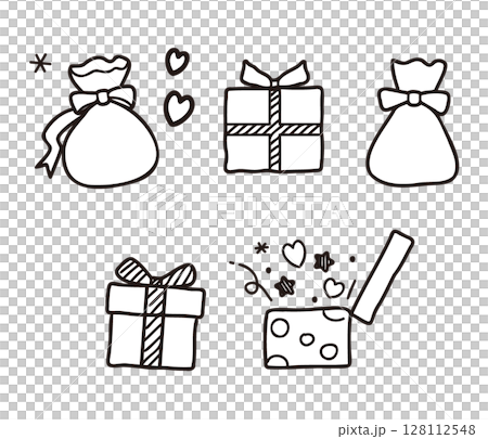 ギフトボックス5点セットイラスト/誕生日やクリスマス用お祝い向け線画イラスト 128112548