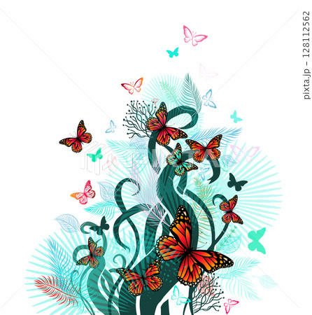 Abstraction with flowers and butterflies. hand drawn. Not AI, Vector illustration 128112562