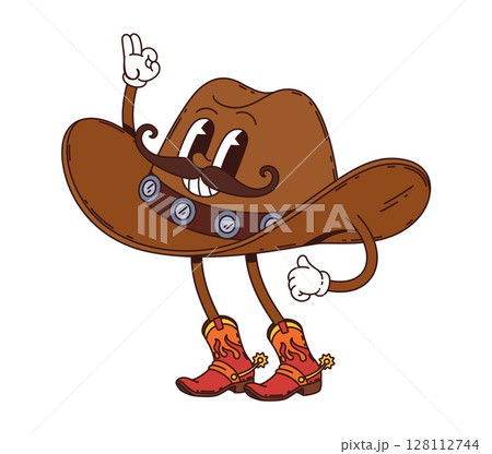 Groovy western cowboy hat character, Wild west hippie personage. Isolated cartoon vector brown, wide brimmed cap with smiling face, retro cowpuncher boots and mustaches showing ok sign Groovy western cowboy hat character, Wild west hippie personage. Isolated cartoon vector brown, wide brimmed cap with smiling face, retro cowpuncher boots and mustaches showing ok sign 128112744