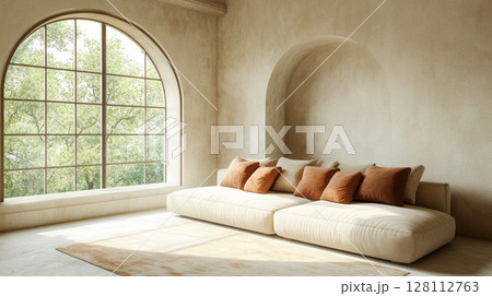 3d rendering interior design loft home of modern living room. Beige sofa with terra cotta pillows against arched window with stucco wall in natural light contemporary style cozy ambiance 3d rendering interior design loft home of modern living room. Beige sofa with terra cotta pillows against arched window with stucco wall in natural light contemporary style cozy ambiance 128112763