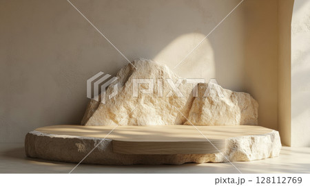 3d rendering beige stone pedestal with stucco concrete wall in natural light contemporary style cozy ambiance for product and cosmetic advertising stage display 3d rendering beige stone pedestal with stucco concrete wall in natural light contemporary style cozy ambiance for product and cosmetic advertising stage display 128112769