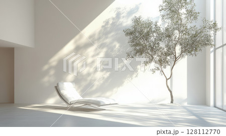 3d rendering minimalist modern living room interior design with white chair and plant in natural sunlight 128112770