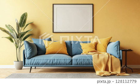 3d rendering colorful vintage interior design home of retro living room. Silk fabric yellow terra cotta pillows on pastel blue sofa and frame picture on wall in natural light of contemporary style 3d rendering colorful vintage interior design home of retro living room. Silk fabric yellow terra cotta pillows on pastel blue sofa and frame picture on wall in natural light of contemporary style 128112779