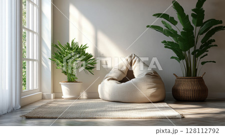 3d rendering white fabric armchair with mat and tropical plant in white cozy room decorated in natural sunlight in home 3d rendering white fabric armchair with mat and tropical plant in white cozy room decorated in natural sunlight in home 128112792