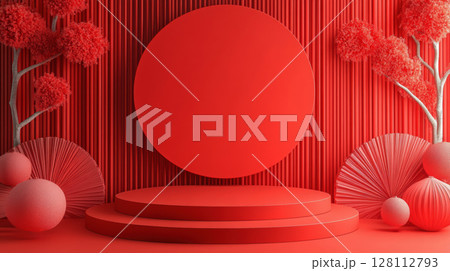 3d rendering red round podium and mock up with circle wall mock up and Paper lanterns and fans for product and cosmetic advertising stage display on Chinese new year festival 128112793