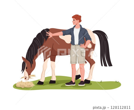 Farmer feeding horse for cattle farm people character or animal farming, cartoon vector. Young man farmer or agrarian and gardener character with horse eating hay at stall barn of livestock farmland 128112811