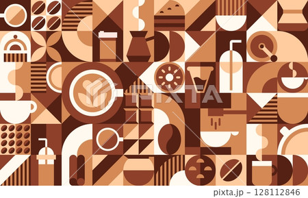 Coffee drink geometric pattern background with abstract shapes, beige and brown tones. Vector modular tile with cups, coffee beans, mugs, espresso machines, milk jugs, and desserts. Retro cafe tile 128112846