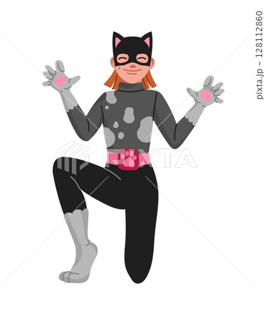 Cartoon kid superhero character. Playful girl in a black and gray cat costume with paw gloves and cat ears, striking a fun pose. Cute personage for children comic book or Halloween party celebration 128112860