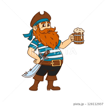Cartoon groovy corsair or pirate character with beer pint and saber sword, vector personage. Groovy pirate or boatswain in captain hat, Caribbean sailor skipper or corsair with wooden mug of beer ale Cartoon groovy corsair or pirate character with beer pint and saber sword, vector personage. Groovy pirate or boatswain in captain hat, Caribbean sailor skipper or corsair with wooden mug of beer ale 128112937