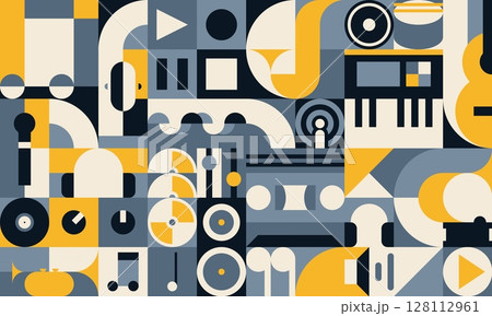 Music and sound geometric pattern background with musical elements. Abstract vector retro modular tile with retro shapes of microphone, headphones, vinyl, notes, cd, speaker, piano and podcast icons Music and sound geometric pattern background with musical elements. Abstract vector retro modular tile with retro shapes of microphone, headphones, vinyl, notes, cd, speaker, piano and podcast icons 128112961