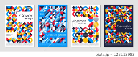 Abstract business posters with geometric pattern. Vector set of vintage art backgrounds or layout vertical templates featuring minimal circular, triangular and square shapes in red, blue and yellow. 128112982