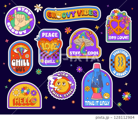Y2k groovy label stickers. Vibrant psychedelic set of retro 70s patches including peace sign, lava lamp, mushroom, smiles and hippie slogans. Vector nostalgic and chill themed badges with funky twist Y2k groovy label stickers. Vibrant psychedelic set of retro 70s patches including peace sign, lava lamp, mushroom, smiles and hippie slogans. Vector nostalgic and chill themed badges with funky twist 128112984