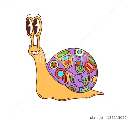 Retro groovy snail character or hippie symbol. Groovy comical slug personage with big eyes and psychedelic pattern on shell. Cheerful snail character isolated vector sticker, cartoon 80s retro symbol 128113022
