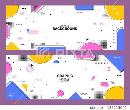 Abstract banners with geometric Memphis pattern. Horizontal flyers or posters template with abstract graphic forms. Funky banners with yellow, pink and white color Memphis figures or shapes patterns 128113045