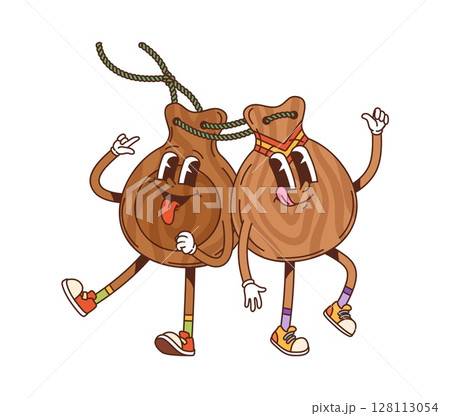 Cartoon groovy castanets musical instrument characters. Isolated vector funny percussion music tools of Latin America. Spanish culture, art and tradition friends personages flashing positive gestures 128113054