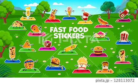 Cartoon fast food characters on yoga fitness, stickers pack. Taco, pizza, ice cream and soda, hotdog, ketchup, cake, popcorn and nacho fast food vector funny personages doing yoga exercises stickers Cartoon fast food characters on yoga fitness, stickers pack. Taco, pizza, ice cream and soda, hotdog, ketchup, cake, popcorn and nacho fast food vector funny personages doing yoga exercises stickers 128113072