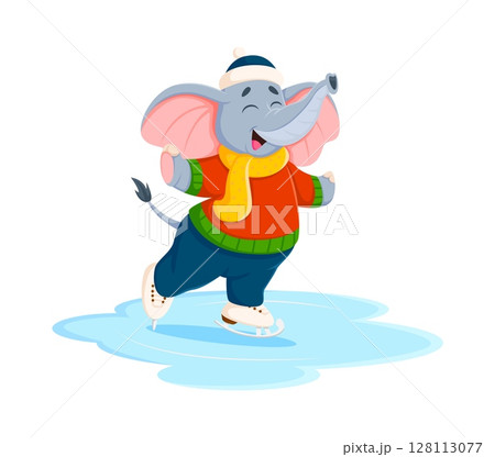 Cartoon cute elephant character on ice skates. African fauna kid funny isolated vector character, zoo or circus animal cute personage. Elephant ice skating child cheerful mascot or happy personage 128113077