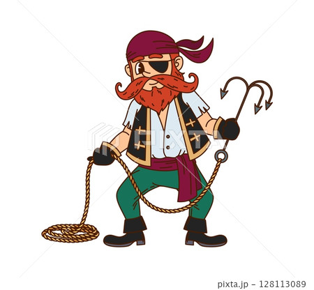 Cartoon groovy corsair or pirate character with grappling hook, vector personage. Funny groovy pirate or boatswain in bandana and corsair eyepatch, Caribbean sailor skipper with beard grappler hook Cartoon groovy corsair or pirate character with grappling hook, vector personage. Funny groovy pirate or boatswain in bandana and corsair eyepatch, Caribbean sailor skipper with beard grappler hook 128113089