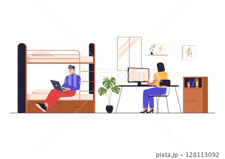 Flat Vector Illustration of Students Living and Studying in a Dorm Room 128113092