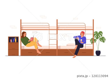 Flat Vector Illustration of Girls Relaxing in Shared Dorm Room with Bunk Beds 128113094
