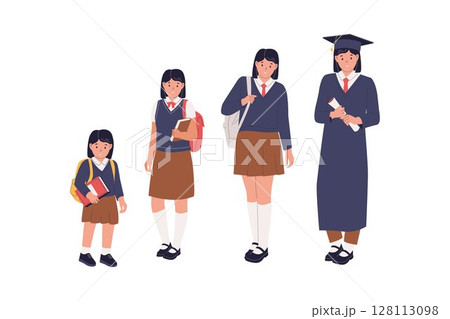 Flat Vector Illustration of Female Students from Childhood to Graduation 128113098
