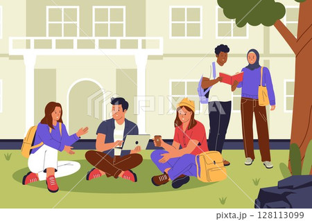 Flat Vector Illustration of University Students Hanging Out and Studying on Campus Flat Vector Illustration of University Students Hanging Out and Studying on Campus 128113099