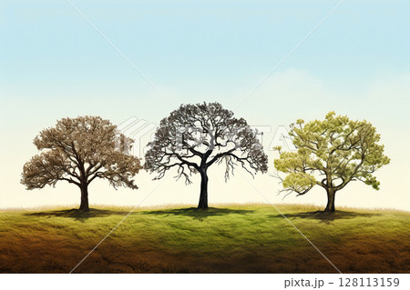 The cyclical nature of life and death embodied by three trees enduring spring, summer, autumn, and winter. 128113159
