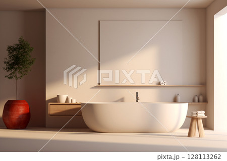 Indulge in luxury: A beige and pastel bathroom with an elegant bathtub, designed for a tranquil and serene spa retreat. Indulge in luxury: A beige and pastel bathroom with an elegant bathtub, designed for a tranquil and serene spa retreat. 128113262