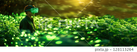 A man farmer or agricultural worker in a green field, wearing a VR headset or goggles, illustrating the future of virtual reality on the farm. Perfect for a banner with ample copy space 128113264