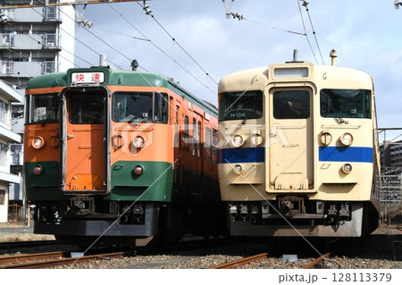 車両基地で並ぶ115系300番台(湘南色)と115系3000番台(瀬戸内色) 車両基地で並ぶ115系300番台(湘南色)と115系3000番台(瀬戸内色) 128113379