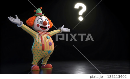 Cheerful cartoon clown stands on dark stage under glowing question mark with arms wide in spotlight of playful curiosity 128113402
