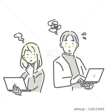 困っている若いビジネスパーソン　シンプルでお洒落な線画イラスト 128113465