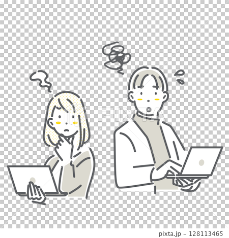 困っている若いビジネスパーソン　シンプルでお洒落な線画イラスト 128113465