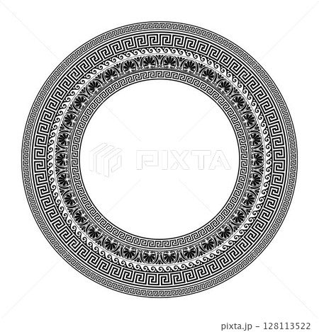 Greek key meanders. Classic Greek wave meander. Round greek frame. Circle european border. Patterns of Greece, ancient Rome. In the form of wave. Vitruvian wave. For textile, engraving, embroidery, po 128113522