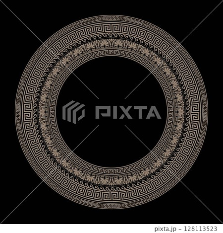 Greek key meanders. Gold Classic Greek wave meander. Round greek frame. Circle european border. Patterns of Greece, ancient Rome. In the form of wave. Vitruvian wave. For textile, engraving, embroider Greek key meanders. Gold Classic Greek wave meander. Round greek frame. Circle european border. Patterns of Greece, ancient Rome. In the form of wave. Vitruvian wave. For textile, engraving, embroider 128113523