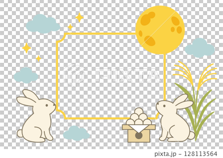 お月見うさぎのフレーム素材　満月と団子のかわいい秋イラスト 128113564