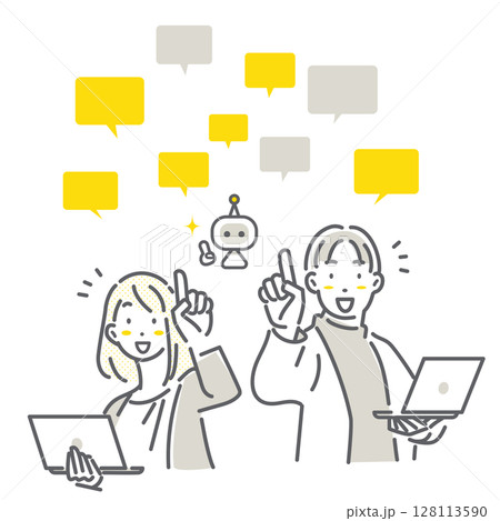 AIを効率的に活用する若いビジネスパーソン　シンプルでお洒落な線画イラスト 128113590