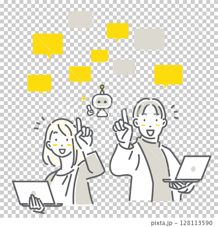 AIを効率的に活用する若いビジネスパーソン　シンプルでお洒落な線画イラスト 128113590