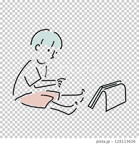 Hand-drawn illustration of a boy watching videos on a tablet 128113626