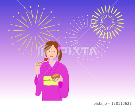 花火大会と浴衣女性のイラスト 花火大会と浴衣女性のイラスト 128113628