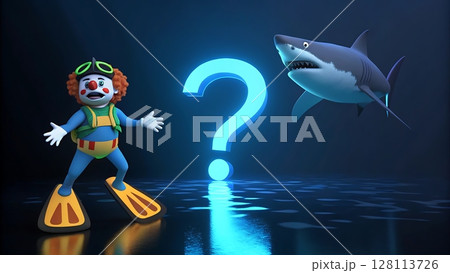 Cartoon clown in diving suit gives thumbs up before glowing question mark as great white shark looms in dark water scene 128113726
