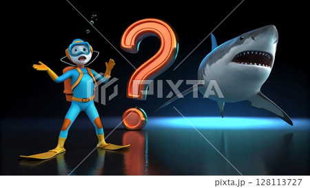 Surprised cartoon diver faces great white shark as glowing orange question mark floats between them in deep dark ocean 128113727