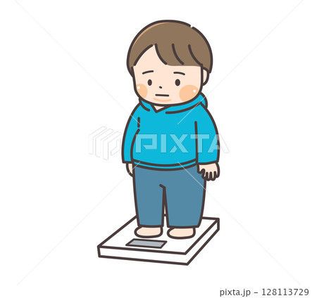 体重を測るぽっちゃり体型の男子のイラスト 128113729