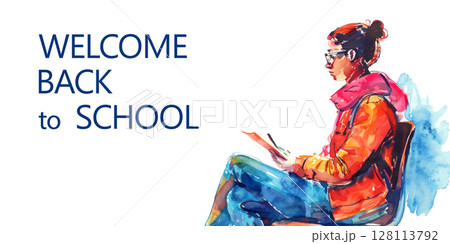 Welcome back to school concept watercolor banner template with copy space for text. Student reading book. Illustration isolated on white background Welcome back to school concept watercolor banner template with copy space for text. Student reading book. Illustration isolated on white background 128113792
