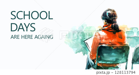 Back to school concept watercolor banner template with copy space for text. Student reading book while sitting in classroom. Illustration isolated on white background Back to school concept watercolor banner template with copy space for text. Student reading book while sitting in classroom. Illustration isolated on white background 128113794