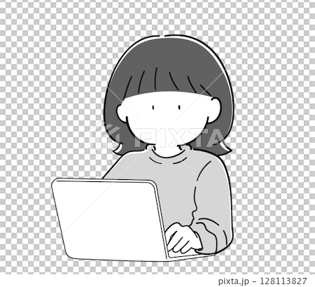Generation Z girl using a computer (monochrome) 128113827