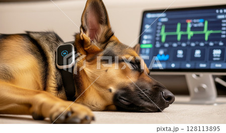 German Shepherd dog peacefully sleeping with a smart collar monitoring activity and heart rate. Pet health tech. 128113895